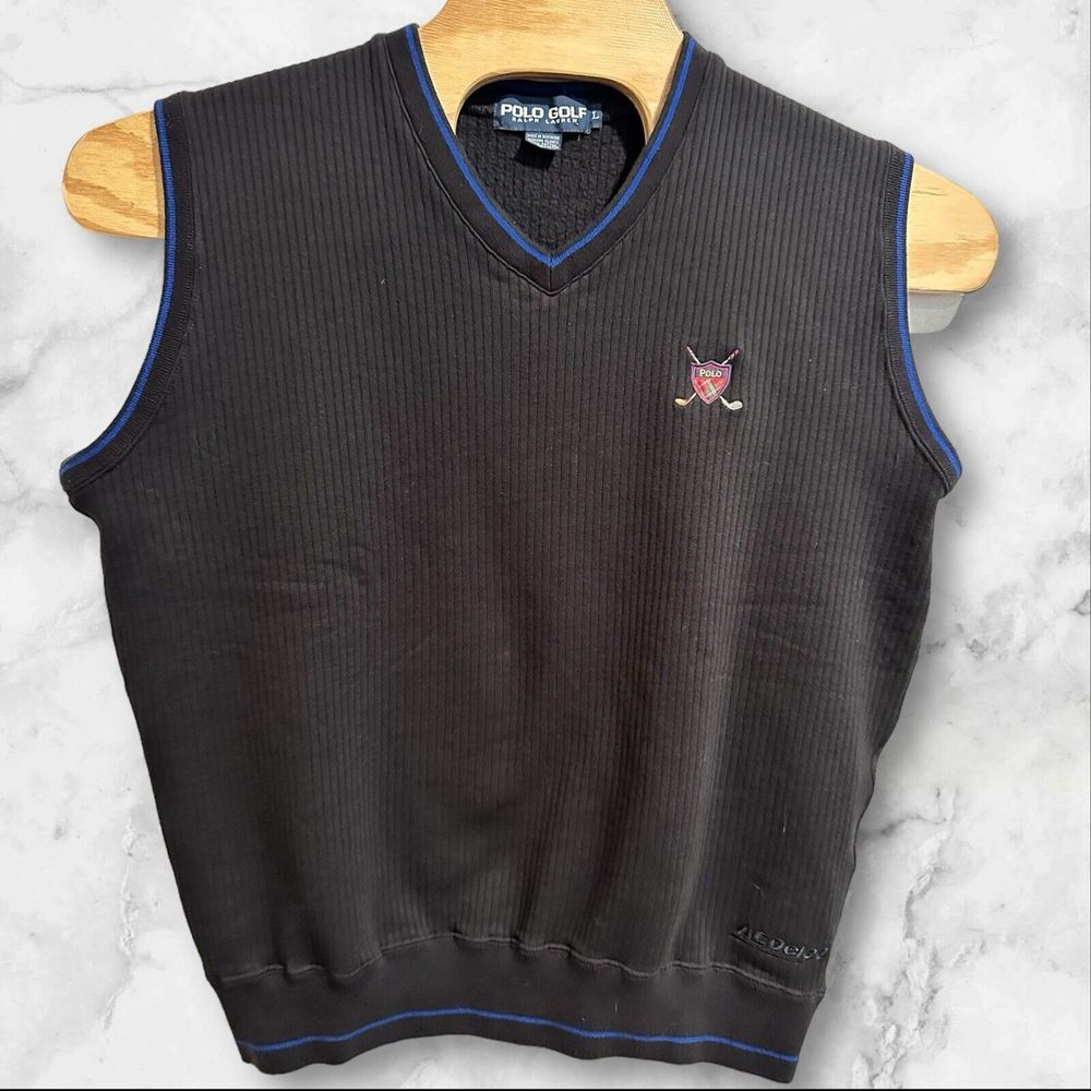 VTG Polo Golf ‎ Sweater Vest Mens Large Black Pullover V-Neck Golf